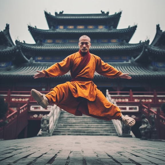 Jumping Shaolin Monk in Temple